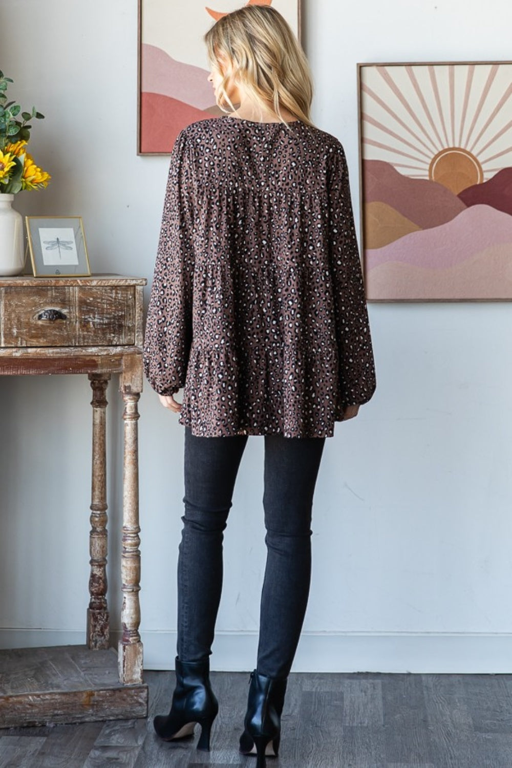 Heimish Leopard  Long Sleeve Tiered Blouse