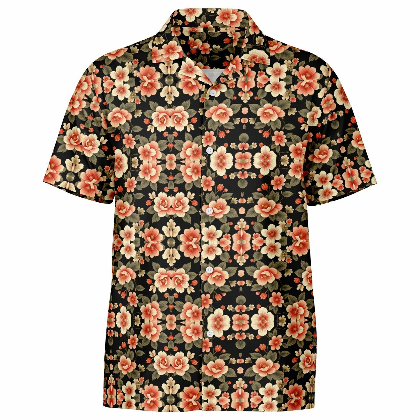 Black Floral Spread Collar Short Sleeve Button-Down Shirt - Bold & Trendy AOP