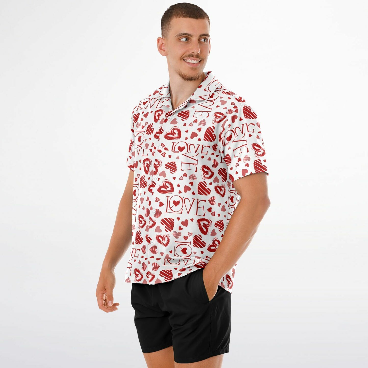 Heart patterned- Spread Collar Short Sleeve Button-Down Shirt - AOP