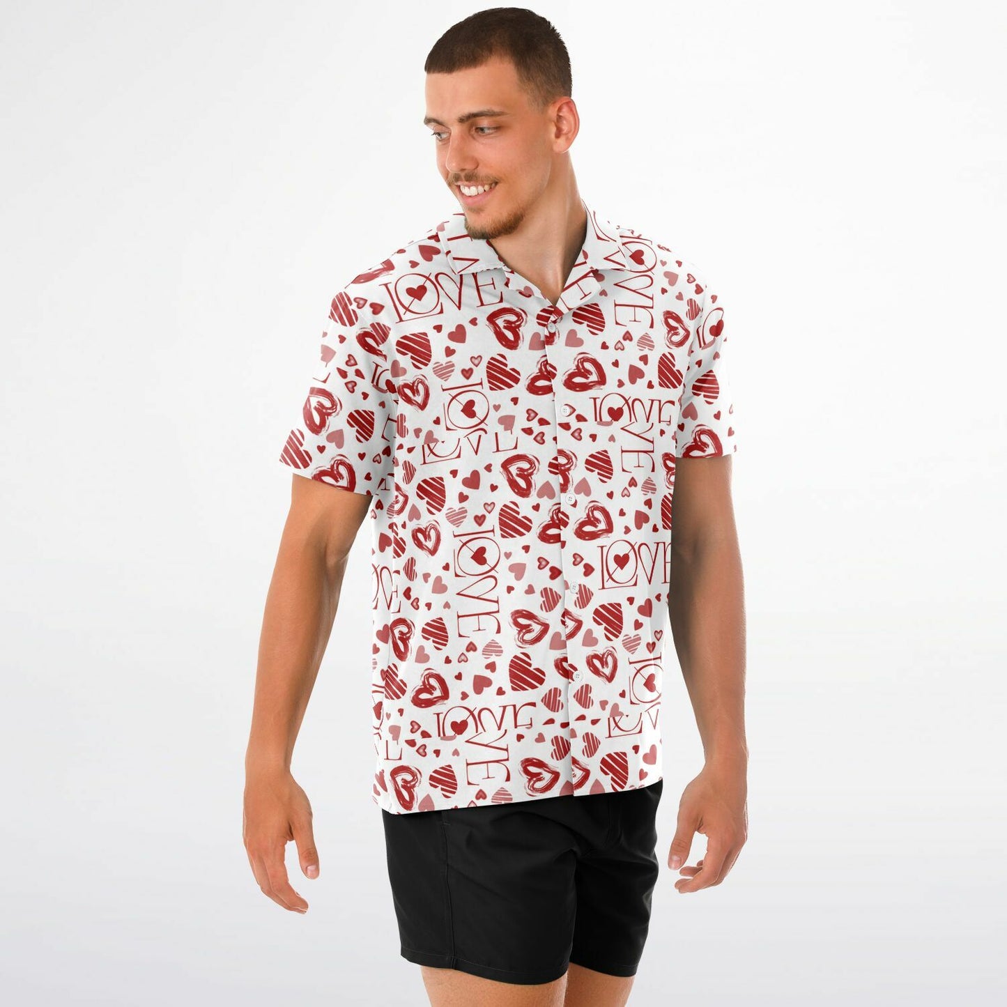 Heart patterned- Spread Collar Short Sleeve Button-Down Shirt - AOP