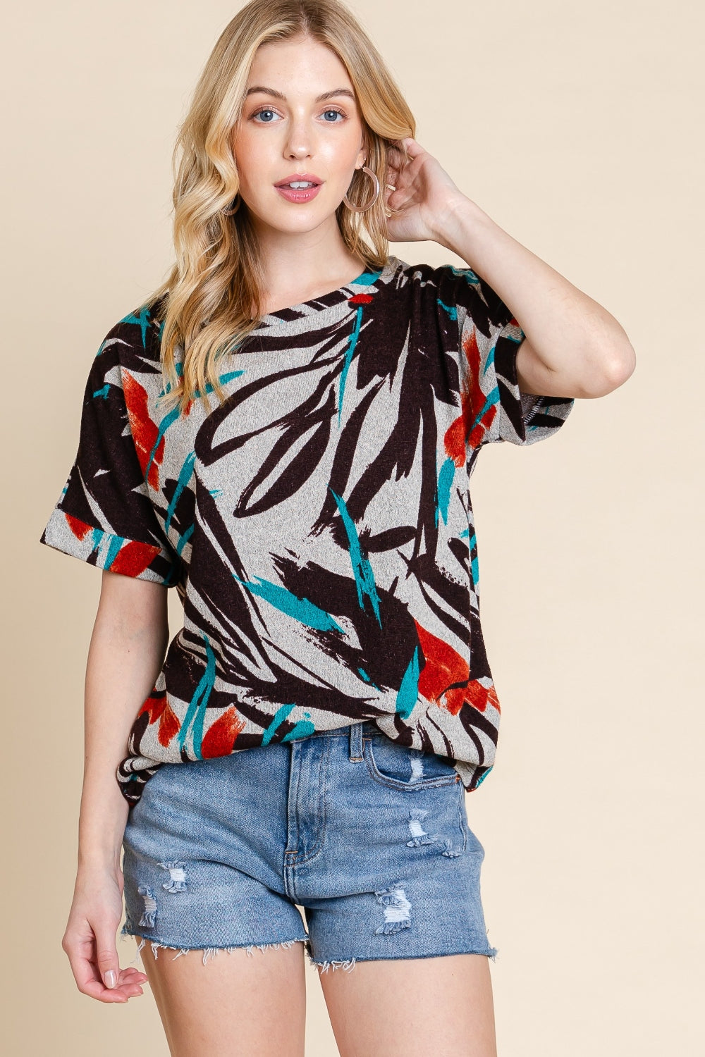 BOMBOM Printed Round Neck Short Sleeve T-Shirt