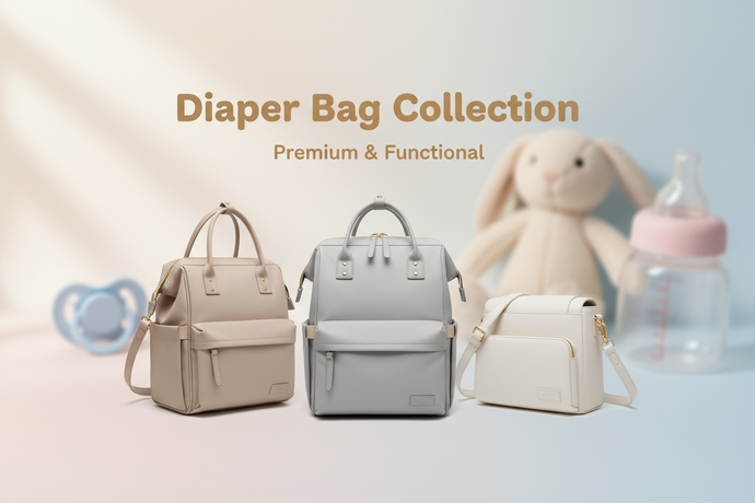 "Clean, aesthetic banner for Diaper Bag Collection featuring premium, functional diaper bags. Soft pastel background, baby accessories lightly placed for context. Add soft modern text: ‘Diaper Bag Collection’. Warm, friendly, parent-focused visual style suitable for Shopify.