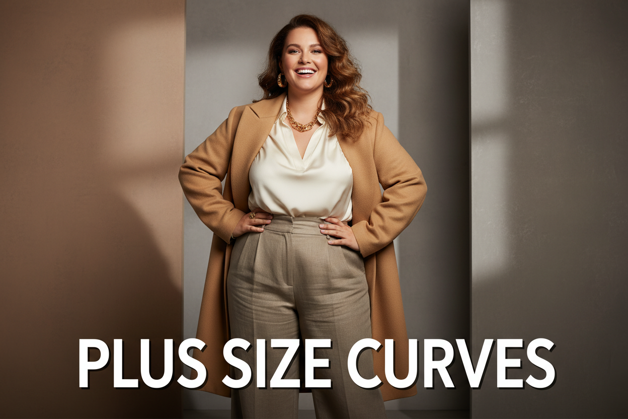 Confident plus size women in chic modern fashion, editorial photoshoot style, celebrating body curves with elegance. Stylish neutral studio background with soft shadows, inclusive beauty focus, premium clothing textures (tops, dresses, bottoms, outerwear). Vibrant energy, empowering pose, luxury brand aesthetic, cinematic lighting, bold typography reading ‘PLUS SIZE CURVES’ integrated into the image, e-commerce hero banner, high resolution 4K
