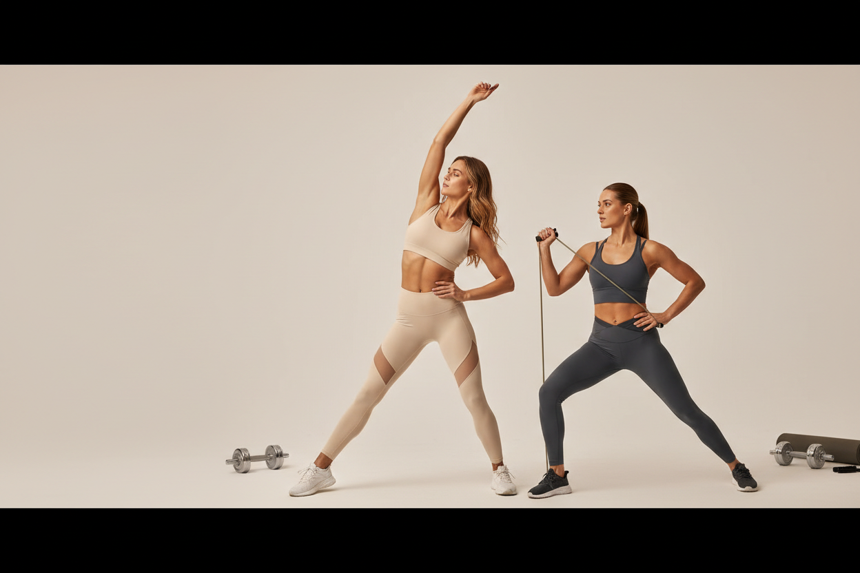 Create a 450px × 180px horizontal JPG banner for Trenzora Activewear, a premium women’s fitness and athleisure brand for the US market, featuring 1–2 confident, fit women wearing stylish sports bras, leggings, and active tops in light motion (stretching, walking, workout pose), with a clean minimal studio or soft gym background, bright premium lighting, energetic and body-positive mood, wide banner framing with space on the sides, in a Nike × Alo Yoga × Skims Active style, no text, ultra-realistic.