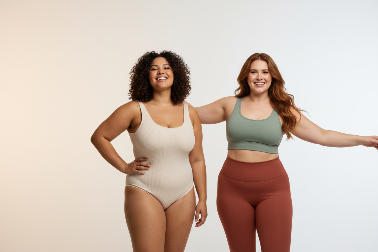 Create a 450px × 180px horizontal JPG banner for Trenzora Curves, featuring 1–2 confident plus-size women wearing stylish activewear or everyday fashion that highlights their curves beautifully, shown in natural, confident poses, with a clean minimal studio or soft lifestyle background, bright premium lighting, body-positive and empowering mood, wide banner framing with space on the sides, in a Skims × Savage X Fenty × Fashion Nova Curve style, no text, ultra-realistic and commercial-grade.