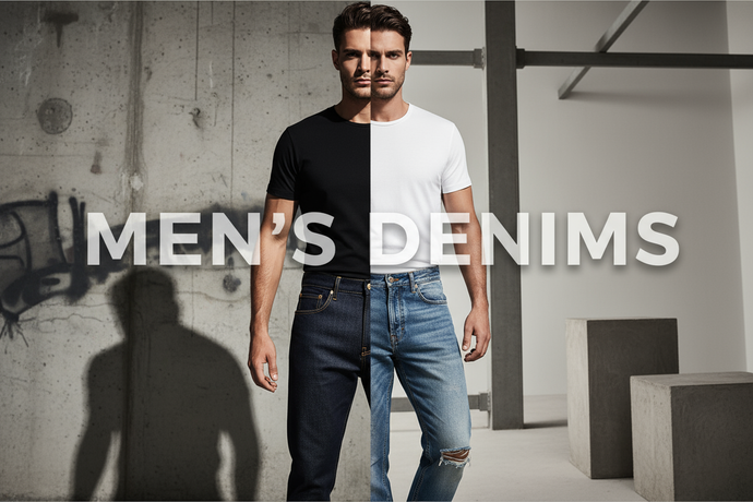 Create a bold, fashion-forward banner for the MEN’S DENIMS collection. Feature a male model wearing fitted or relaxed denim jeans in dark and light washes. Use an urban, gritty, or neutral studio backdrop with strong contrast. Highlight denim texture and stitching details. Add sleek modern typography inside the image reading ‘MEN’S DENIMS’. Aesthetic similar to Levi’s and Zara Men.