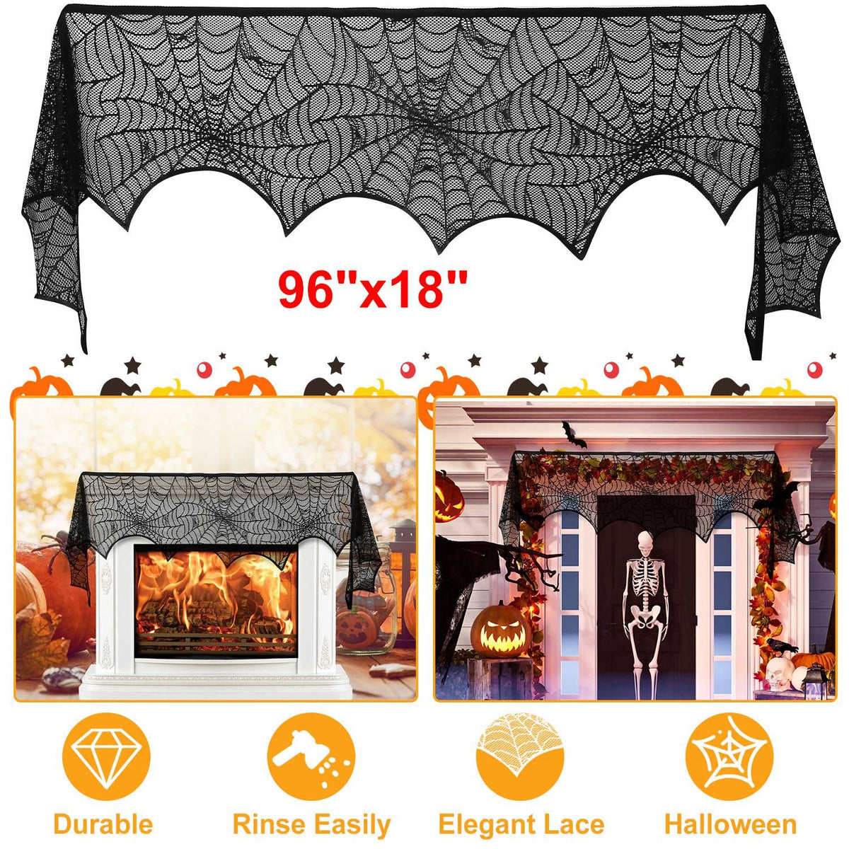 Halloween Decoration Black Lace Spiderweb Fireplace Mantle Scarf Cover Festive Party Supplies Fireplace Scarf 96 x 18 inch for Halloween Christmas Party Door Window Decoration