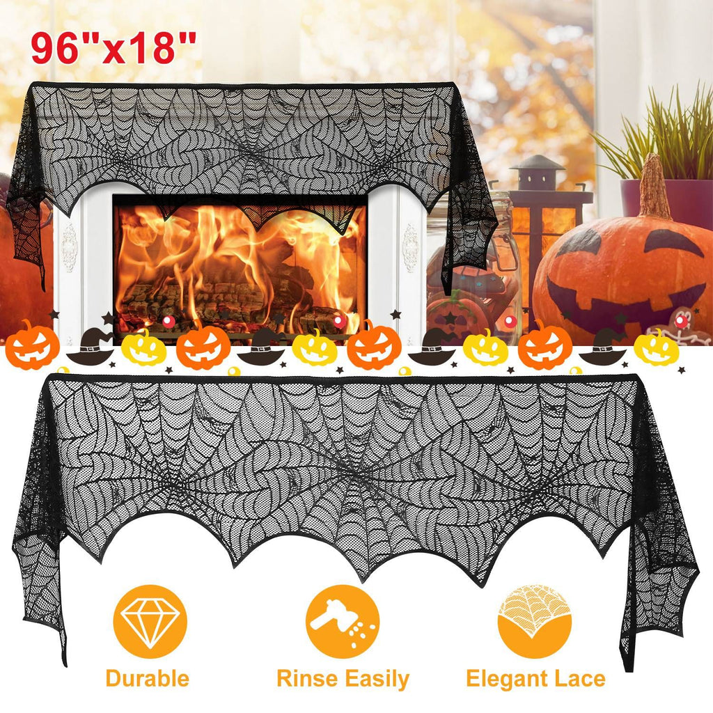 Halloween Decoration Black Lace Spiderweb Fireplace Mantle Scarf Cover Festive Party Supplies Fireplace Scarf 96 x 18 inch for Halloween Christmas Party Door Window Decoration
