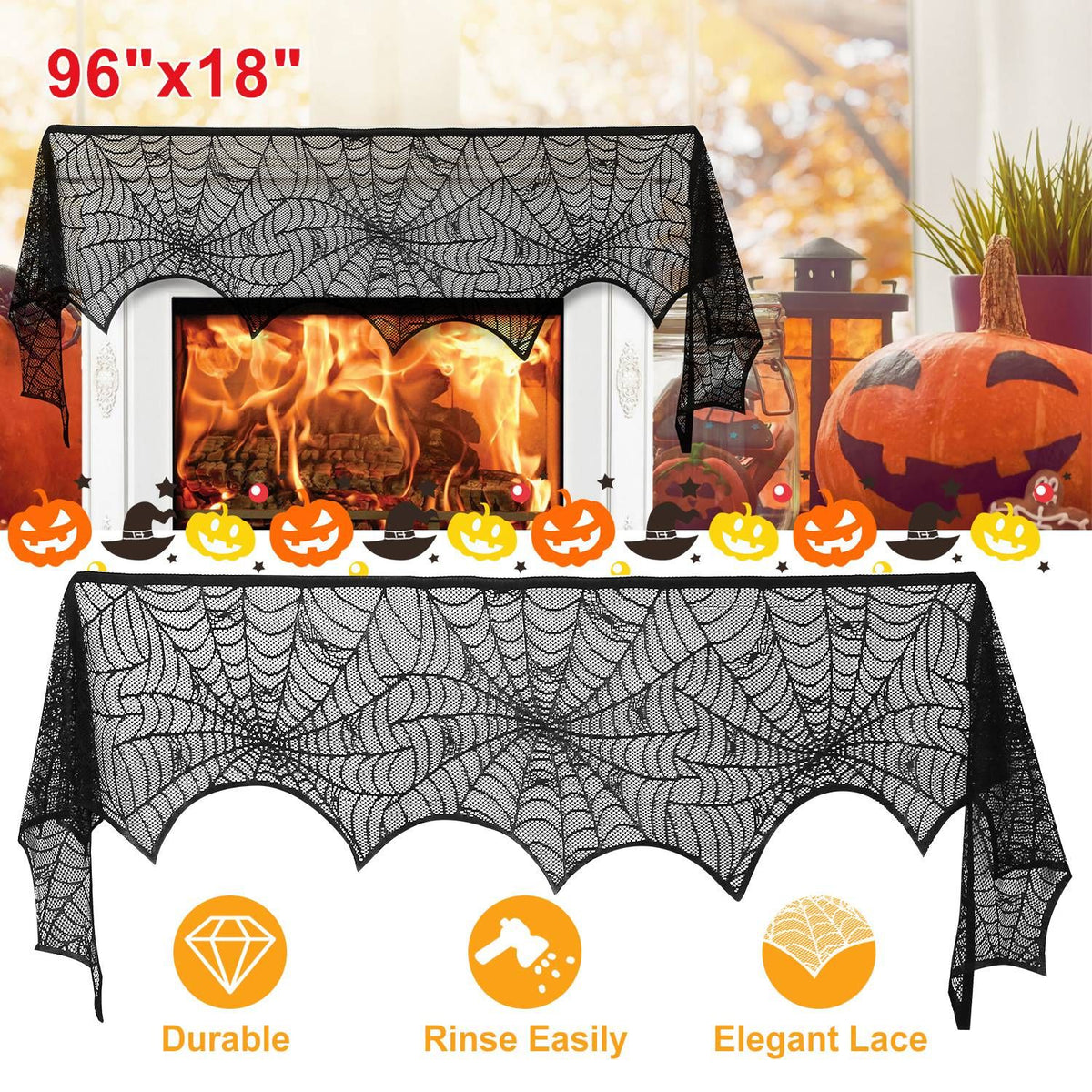 Halloween Decoration Black Lace Spiderweb Fireplace Mantle Scarf Cover Festive Party Supplies Fireplace Scarf 96 x 18 inch for Halloween Christmas Party Door Window Decoration