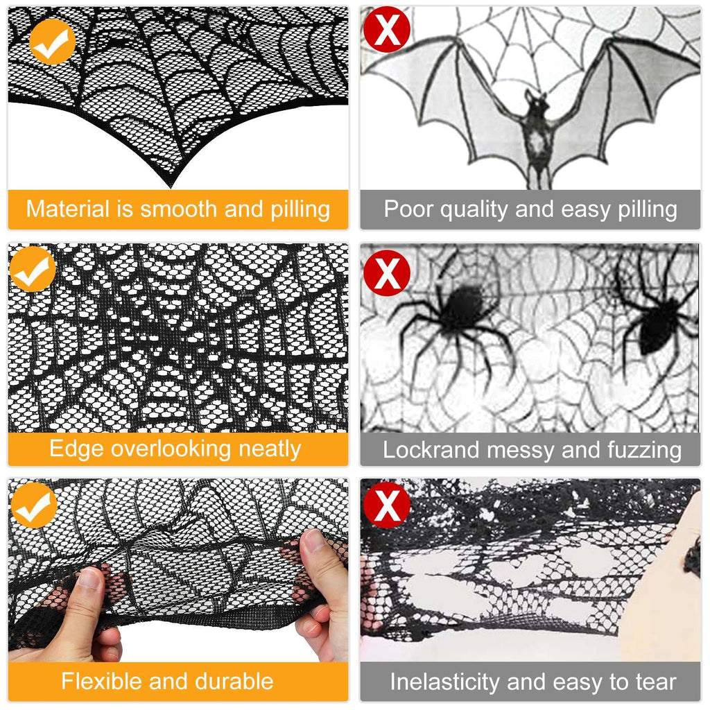Halloween Decoration Black Lace Spiderweb Fireplace Mantle Scarf Cover Festive Party Supplies Fireplace Scarf 96 x 18 inch for Halloween Christmas Party Door Window Decoration