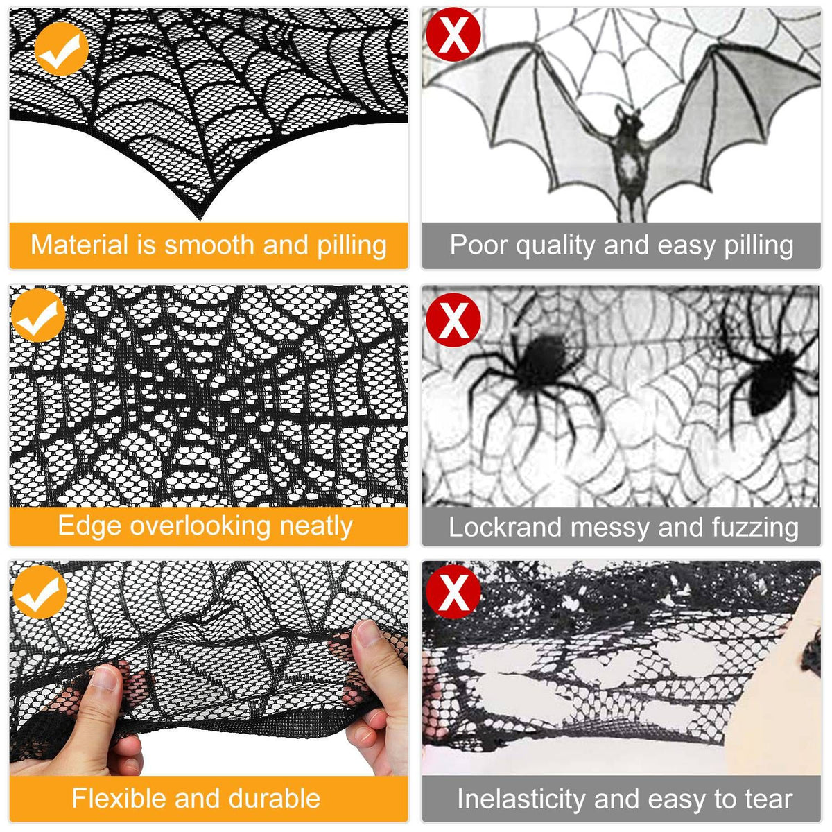 Halloween Decoration Black Lace Spiderweb Fireplace Mantle Scarf Cover Festive Party Supplies Fireplace Scarf 96 x 18 inch for Halloween Christmas Party Door Window Decoration