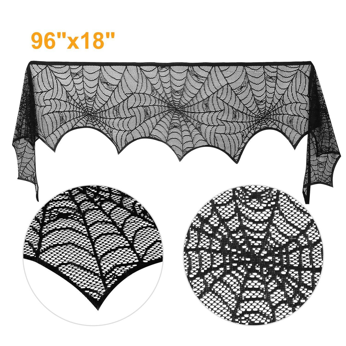 Halloween Decoration Black Lace Spiderweb Fireplace Mantle Scarf Cover Festive Party Supplies Fireplace Scarf 96 x 18 inch for Halloween Christmas Party Door Window Decoration
