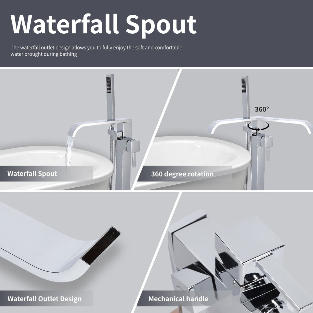 Freestanding Tub Filler Waterfall Bathtub Faucet Chrome High Flow Floor Mount Brass Single Handle Bathroom Faucets with Hand Shower CUPC Certified Export Trade