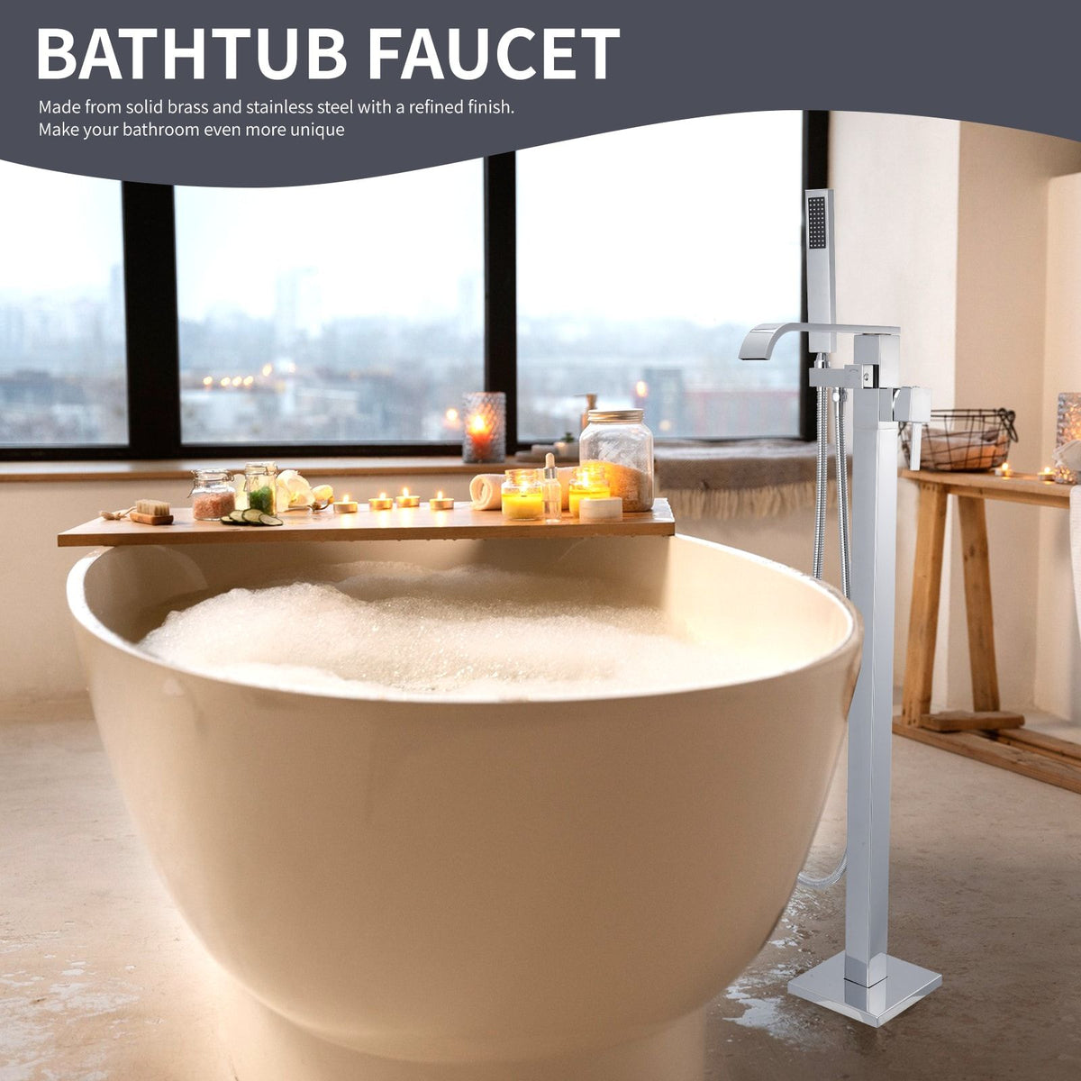 Freestanding Tub Filler Waterfall Bathtub Faucet Chrome High Flow Floor Mount Brass Single Handle Bathroom Faucets with Hand Shower CUPC Certified Export Trade