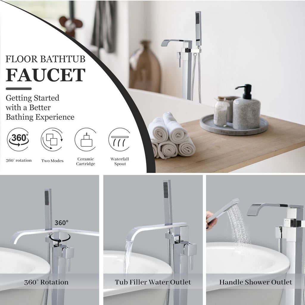 Freestanding Tub Filler Waterfall Bathtub Faucet Chrome High Flow Floor Mount Brass Single Handle Bathroom Faucets with Hand Shower CUPC Certified Export Trade