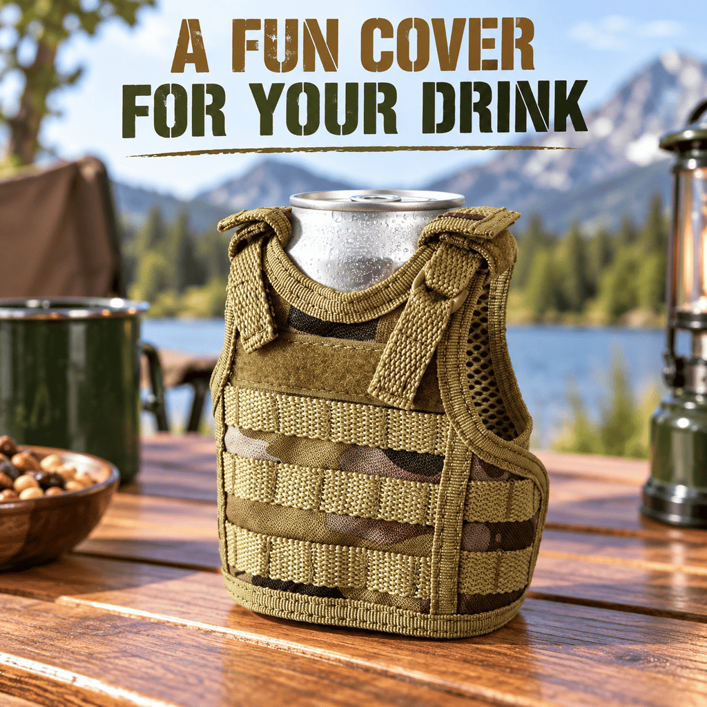 Mini Tactical Vest Can Cooler Sleeve, Adjustable Beverage Holder Cover with Utility Webbing and Mesh Panels, Novelty Drink Accessory for Camping, Parties and Gifts