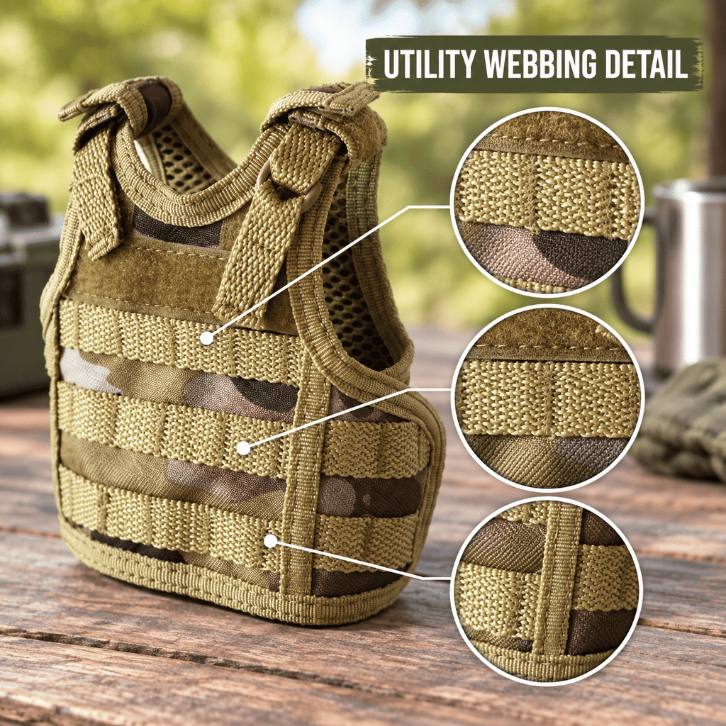 Mini Tactical Vest Can Cooler Sleeve, Adjustable Beverage Holder Cover with Utility Webbing and Mesh Panels, Novelty Drink Accessory for Camping, Parties and Gifts