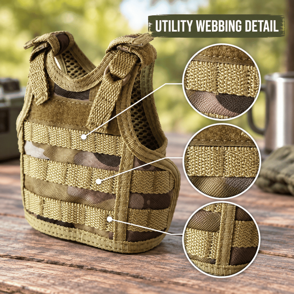 Mini Tactical Vest Can Cooler Sleeve, Adjustable Beverage Holder Cover with Utility Webbing and Mesh Panels, Novelty Drink Accessory for Camping, Parties and Gifts