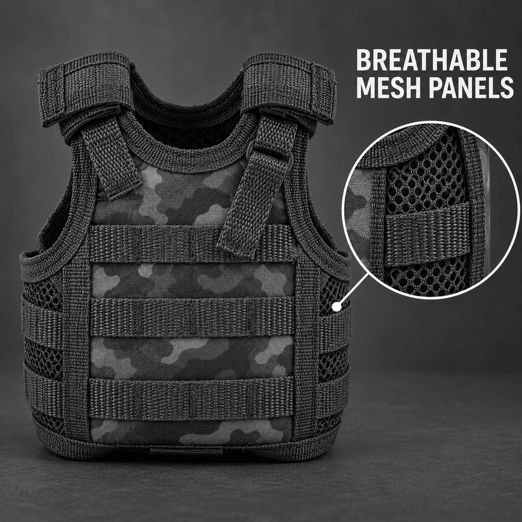Mini Tactical Vest Can Cooler Sleeve, Adjustable Beverage Holder Cover with Utility Webbing and Mesh Panels, Novelty Drink Accessory for Camping, Parties and Gifts