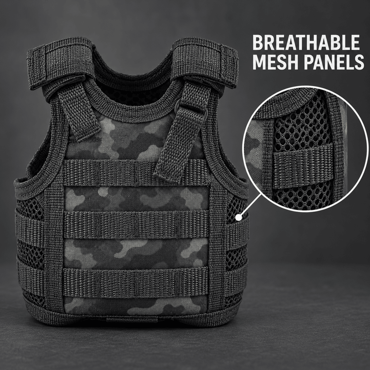Mini Tactical Vest Can Cooler Sleeve, Adjustable Beverage Holder Cover with Utility Webbing and Mesh Panels, Novelty Drink Accessory for Camping, Parties and Gifts