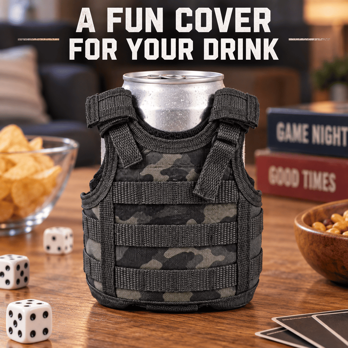 Mini Tactical Vest Can Cooler Sleeve, Adjustable Beverage Holder Cover with Utility Webbing and Mesh Panels, Novelty Drink Accessory for Camping, Parties and Gifts