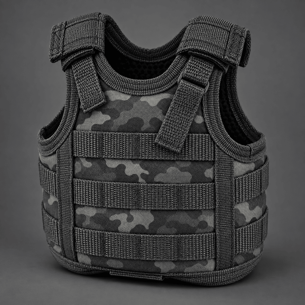 Mini Tactical Vest Can Cooler Sleeve, Adjustable Beverage Holder Cover with Utility Webbing and Mesh Panels, Novelty Drink Accessory for Camping, Parties and Gifts