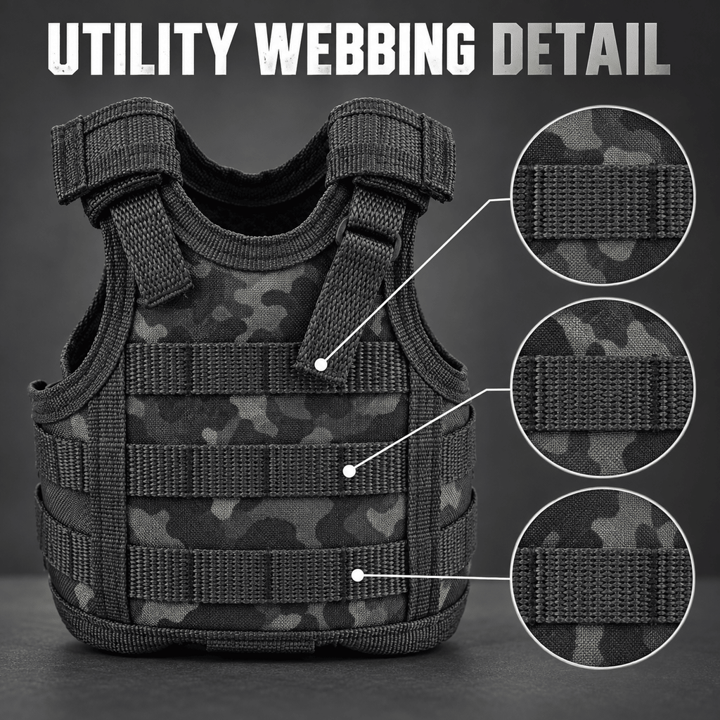 Mini Tactical Vest Can Cooler Sleeve, Adjustable Beverage Holder Cover with Utility Webbing and Mesh Panels, Novelty Drink Accessory for Camping, Parties and Gifts