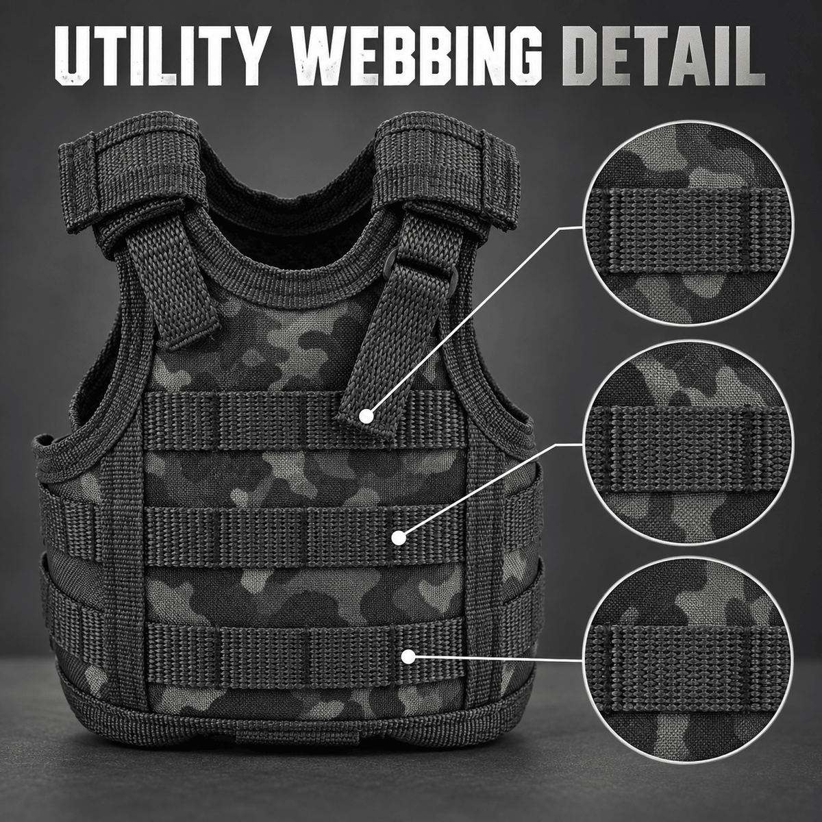 Mini Tactical Vest Can Cooler Sleeve, Adjustable Beverage Holder Cover with Utility Webbing and Mesh Panels, Novelty Drink Accessory for Camping, Parties and Gifts