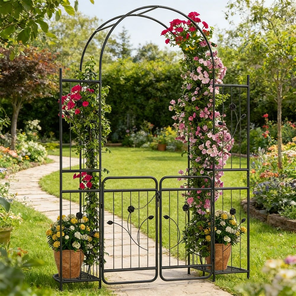 87 Inch Tall Garden Arch with Gate Planter Shelves Climbing Trellises with 2 Side Shelves for Wedding Arch, Yard Entrance, Garden Climbing Pergola, Etc