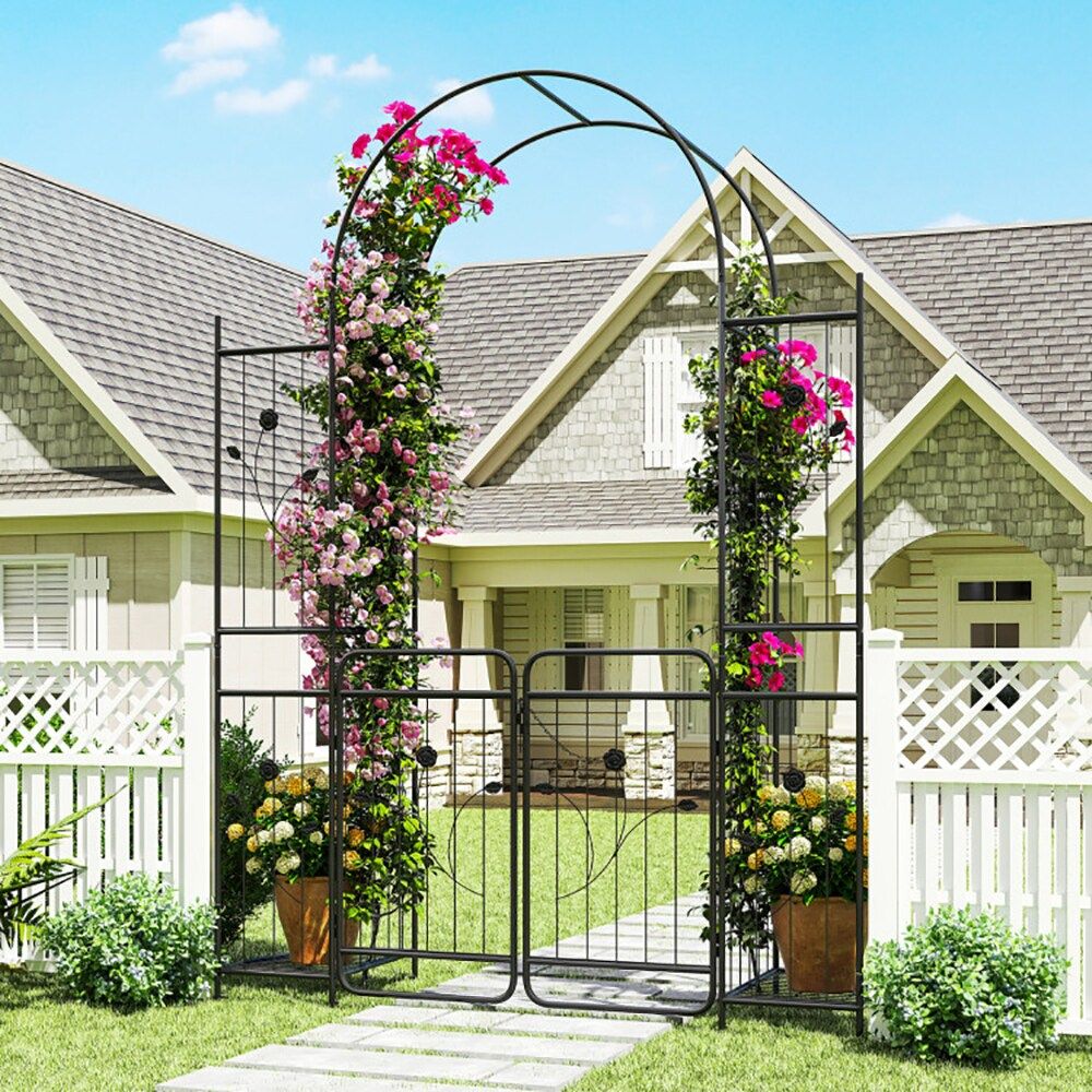 87 Inch Tall Garden Arch with Gate Planter Shelves Climbing Trellises with 2 Side Shelves for Wedding Arch, Yard Entrance, Garden Climbing Pergola, Etc