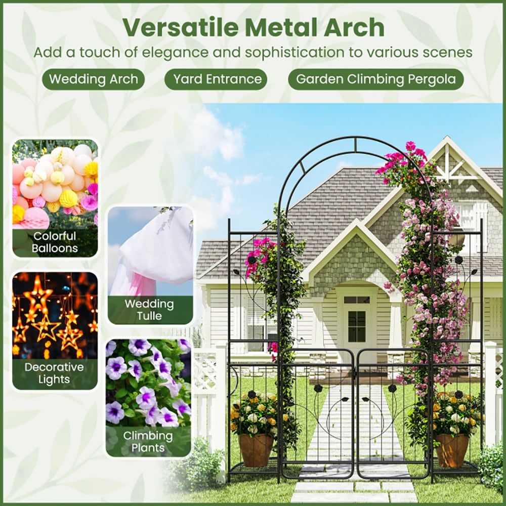 87 Inch Tall Garden Arch with Gate Planter Shelves Climbing Trellises with 2 Side Shelves for Wedding Arch, Yard Entrance, Garden Climbing Pergola, Etc