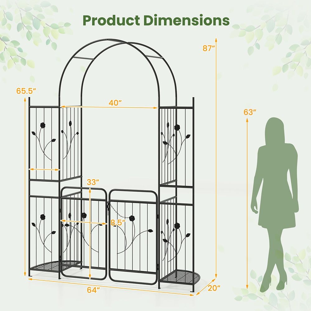 87 Inch Tall Garden Arch with Gate Planter Shelves Climbing Trellises with 2 Side Shelves for Wedding Arch, Yard Entrance, Garden Climbing Pergola, Etc
