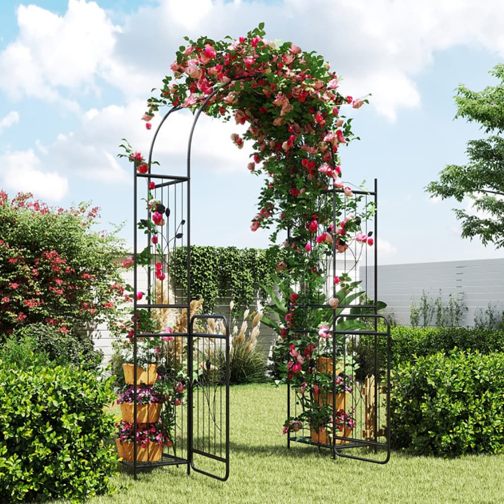 87 Inch Tall Garden Arch with Gate Planter Shelves Climbing Trellises with 2 Side Shelves for Wedding Arch, Yard Entrance, Garden Climbing Pergola, Etc