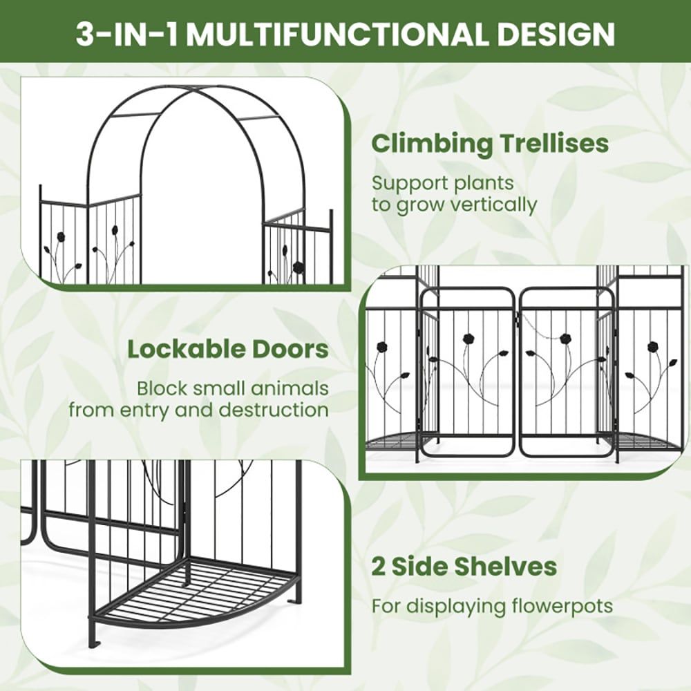 87 Inch Tall Garden Arch with Gate Planter Shelves Climbing Trellises with 2 Side Shelves for Wedding Arch, Yard Entrance, Garden Climbing Pergola, Etc