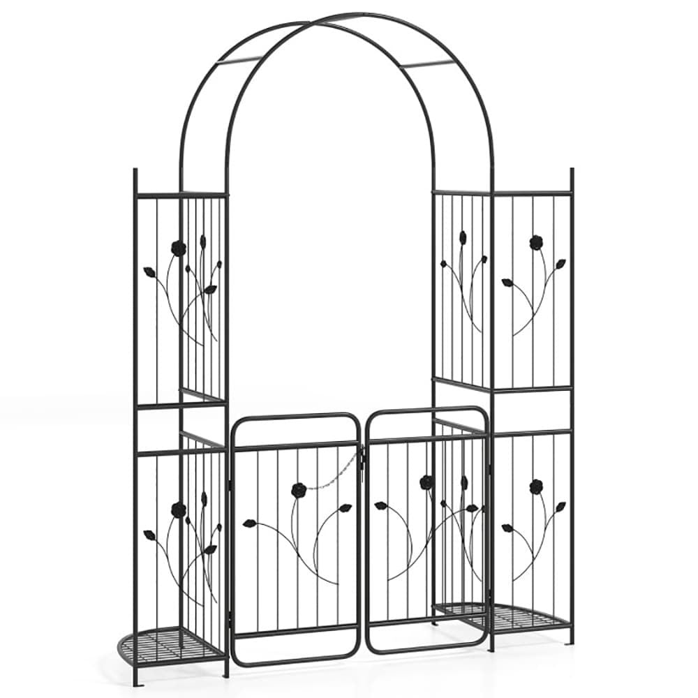 87 Inch Tall Garden Arch with Gate Planter Shelves Climbing Trellises with 2 Side Shelves for Wedding Arch, Yard Entrance, Garden Climbing Pergola, Etc