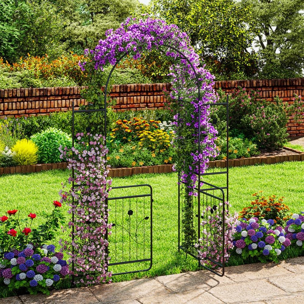 87 Inch Tall Garden Arch with Gate Planter Shelves Climbing Trellises with 2 Side Shelves for Wedding Arch, Yard Entrance, Garden Climbing Pergola, Etc
