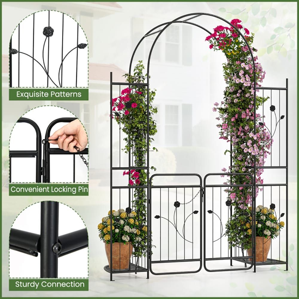 87 Inch Tall Garden Arch with Gate Planter Shelves Climbing Trellises with 2 Side Shelves for Wedding Arch, Yard Entrance, Garden Climbing Pergola, Etc