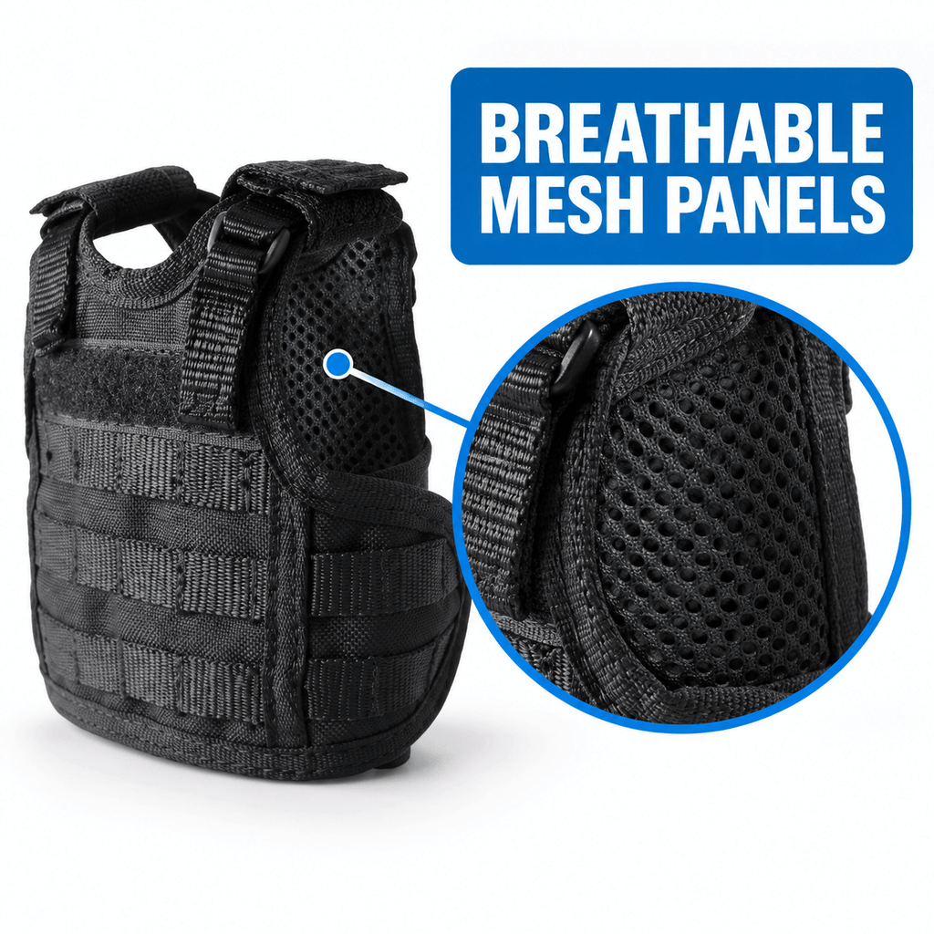 Mini Tactical Vest Can Cooler Sleeve, Adjustable Beverage Holder Cover with Utility Webbing and Mesh Panels, Novelty Drink Accessory for Camping, Parties and Gifts