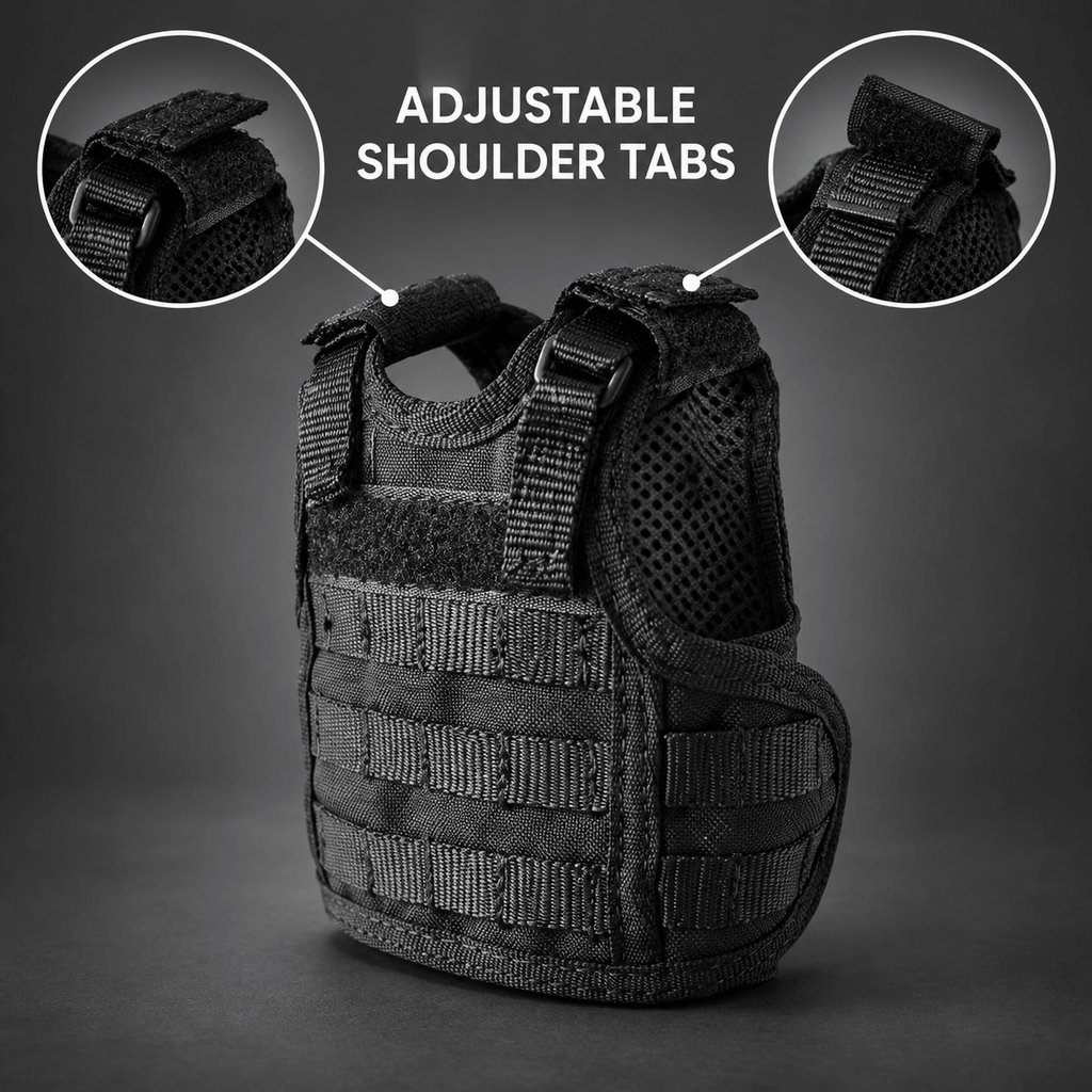 Mini Tactical Vest Can Cooler Sleeve, Adjustable Beverage Holder Cover with Utility Webbing and Mesh Panels, Novelty Drink Accessory for Camping, Parties and Gifts