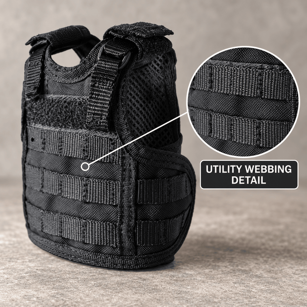Mini Tactical Vest Can Cooler Sleeve, Adjustable Beverage Holder Cover with Utility Webbing and Mesh Panels, Novelty Drink Accessory for Camping, Parties and Gifts
