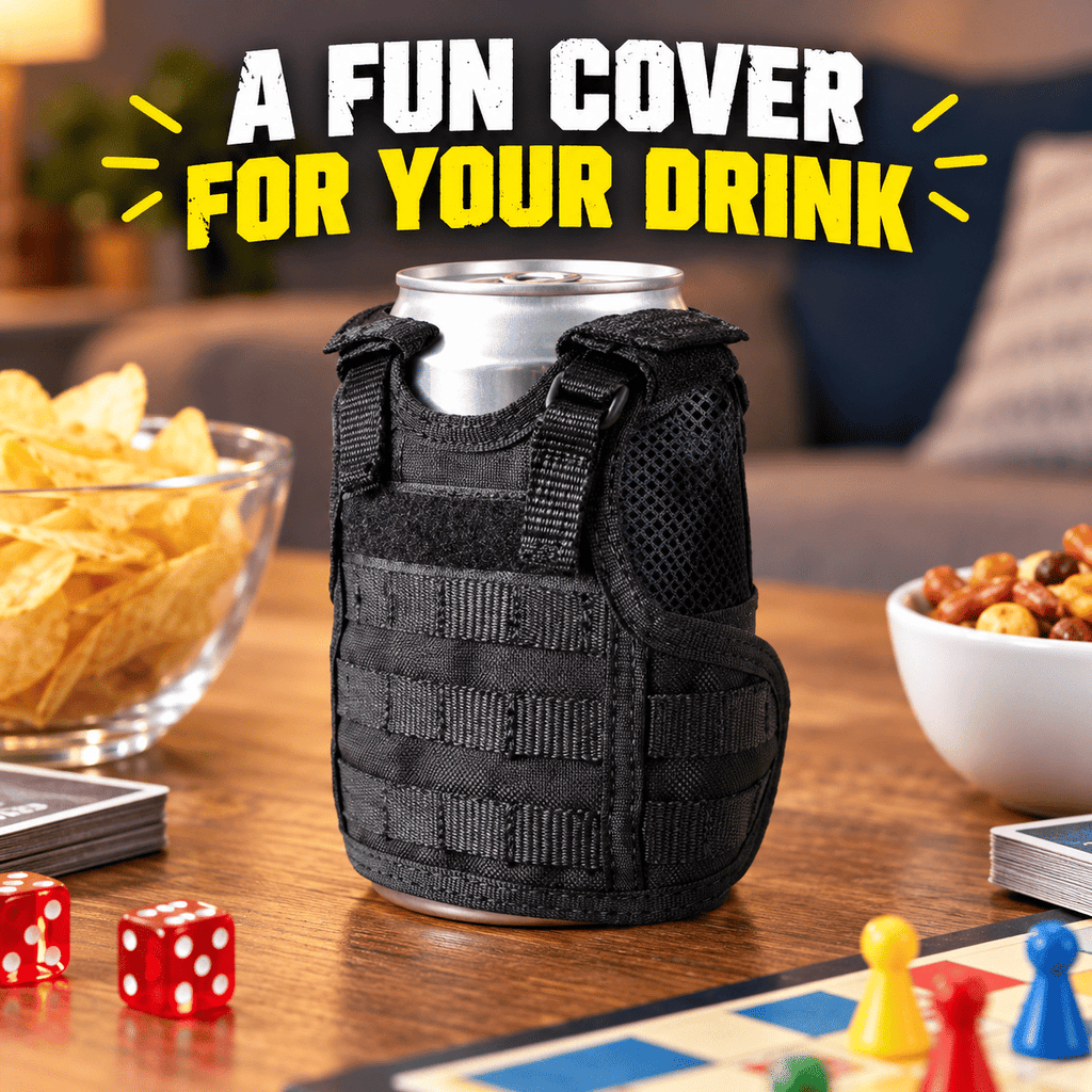 Mini Tactical Vest Can Cooler Sleeve, Adjustable Beverage Holder Cover with Utility Webbing and Mesh Panels, Novelty Drink Accessory for Camping, Parties and Gifts