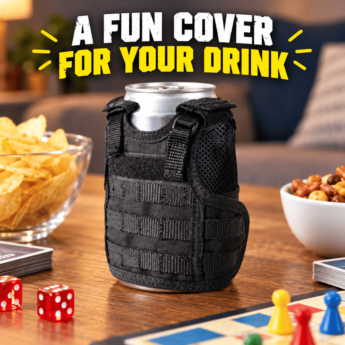 Mini Tactical Vest Can Cooler Sleeve, Adjustable Beverage Holder Cover with Utility Webbing and Mesh Panels, Novelty Drink Accessory for Camping, Parties and Gifts