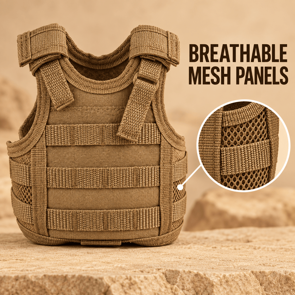 Mini Tactical Vest Can Cooler Sleeve, Adjustable Beverage Holder Cover with Utility Webbing and Mesh Panels, Novelty Drink Accessory for Camping, Parties and Gifts