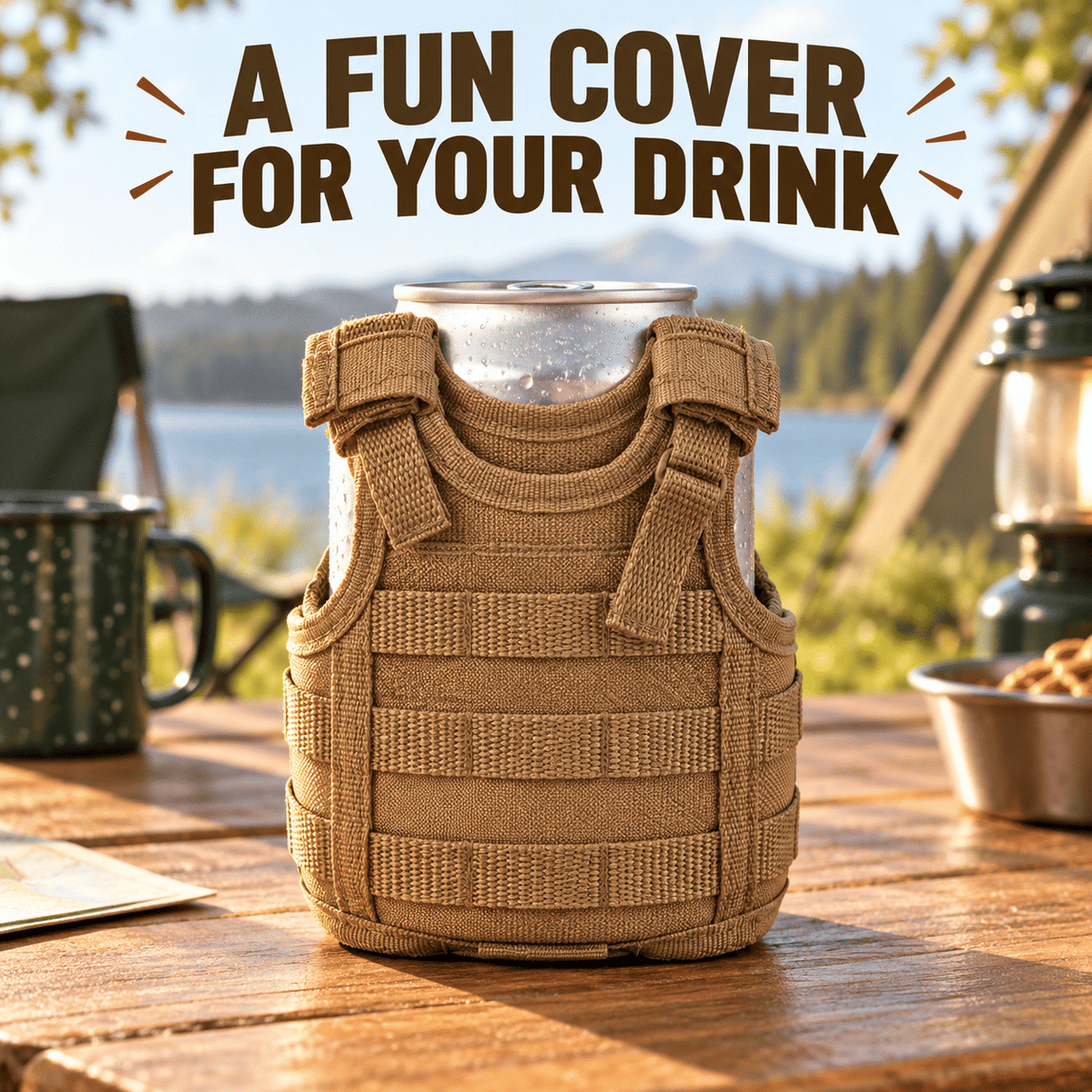 Mini Tactical Vest Can Cooler Sleeve, Adjustable Beverage Holder Cover with Utility Webbing and Mesh Panels, Novelty Drink Accessory for Camping, Parties and Gifts