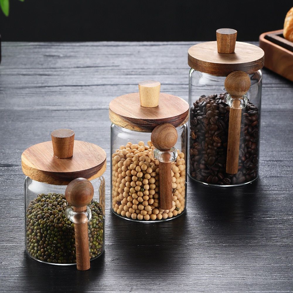 Glass Coffee Jars with Spoons, Candy Jars, Biscuit Jars, Storage Jars, Tea Jars, Snack Jars, Seasoning Jars, Salt Jars, Pepper Jars