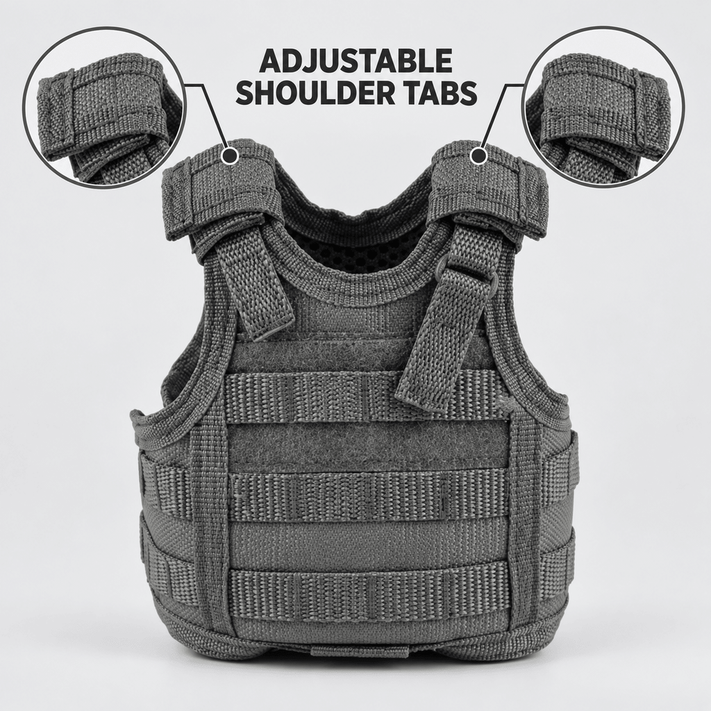 Mini Tactical Vest Can Cooler Sleeve, Adjustable Beverage Holder Cover with Utility Webbing and Mesh Panels, Novelty Drink Accessory for Camping, Parties and Gifts