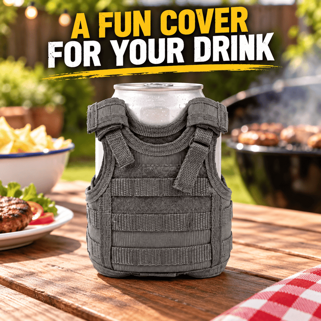 Mini Tactical Vest Can Cooler Sleeve, Adjustable Beverage Holder Cover with Utility Webbing and Mesh Panels, Novelty Drink Accessory for Camping, Parties and Gifts