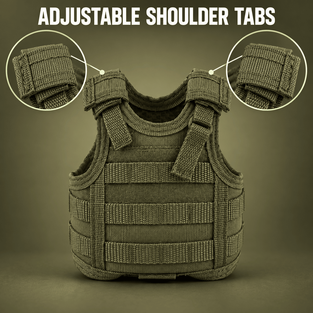 Mini Tactical Vest Can Cooler Sleeve, Adjustable Beverage Holder Cover with Utility Webbing and Mesh Panels, Novelty Drink Accessory for Camping, Parties and Gifts