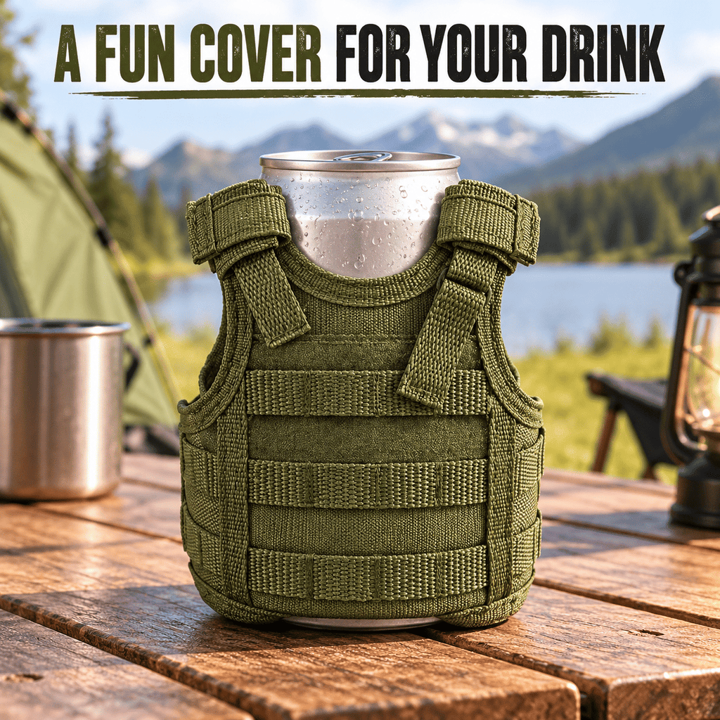 Mini Tactical Vest Can Cooler Sleeve, Adjustable Beverage Holder Cover with Utility Webbing and Mesh Panels, Novelty Drink Accessory for Camping, Parties and Gifts