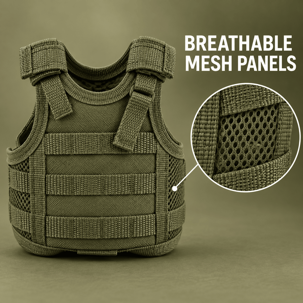 Mini Tactical Vest Can Cooler Sleeve, Adjustable Beverage Holder Cover with Utility Webbing and Mesh Panels, Novelty Drink Accessory for Camping, Parties and Gifts